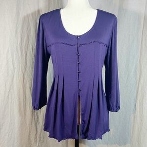 OAT purple buttoned bishop-sleeve peplum tunic, XL, EUC